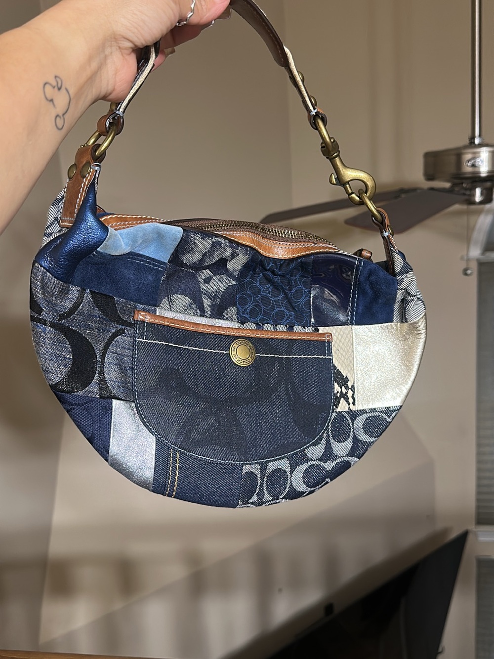Coach Patchwork Denim Shoulder Bag in Navy and Tan